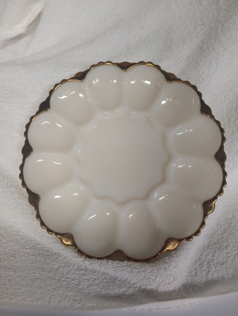 Vintage Anchor Hocking milk glass deviled egg tray w/gold-color trim